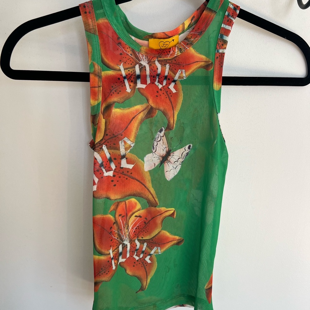 Floral Green Tank Top with Butterfly Design